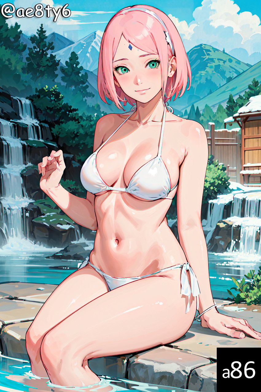 1girls ae8ty6 ai_generated bikini blush boruto:_naruto_next_generations breasts cleavage collarbone forehead_mark green_eyes haruno_sakura hot_spring light-skinned_female light_skin long_hair mature mature_female midriff milf nai_diffusion naruto naruto_(series) onsen outdoors partially_submerged petite pink_hair pinup sakura_haruno sitting smile smiling smiling_at_viewer solo solo_focus stable_diffusion swimsuit water watermark