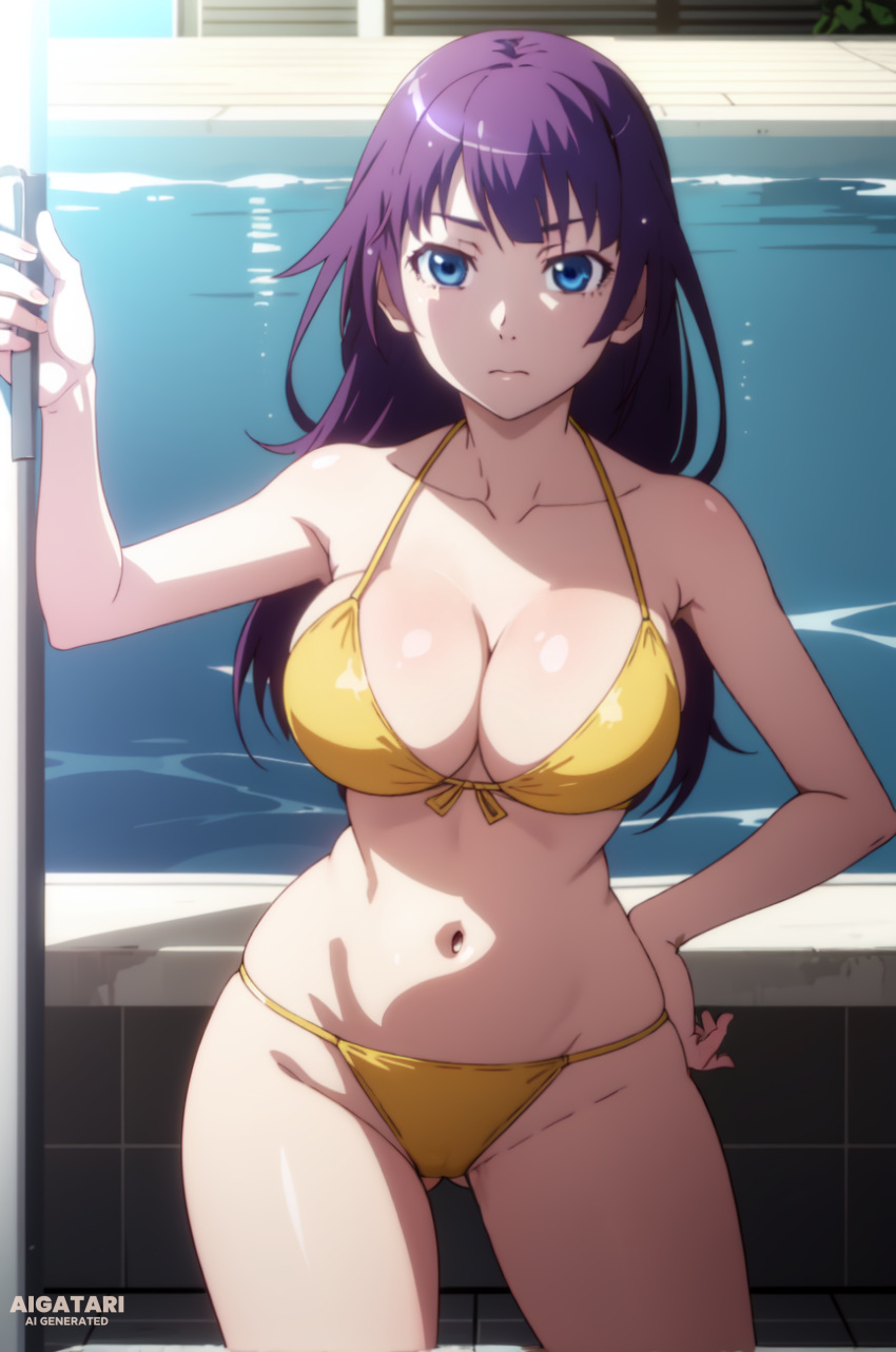 ai_generated aigatari bakemonogatari bikini blue_eyes breasts large_breasts monogatari_(series) purple_hair senjougahara_hitagi