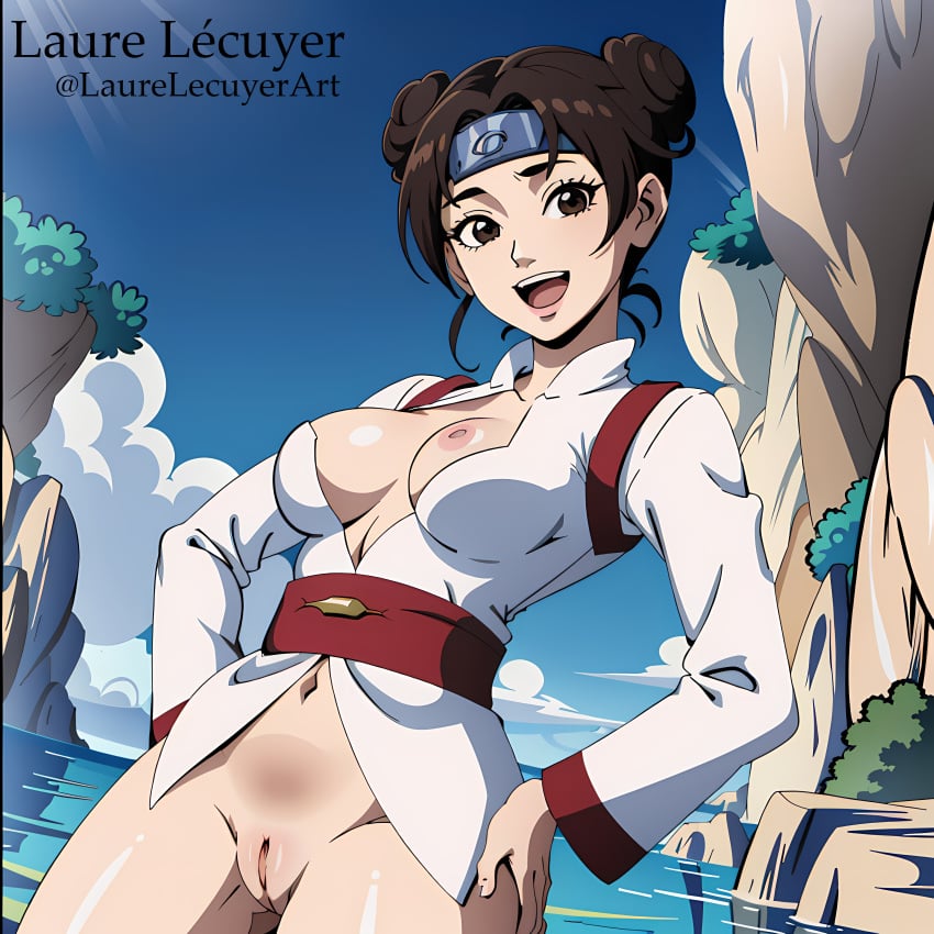 1girls ai_generated artist_name bangs blue_sky bottomless bottomless_female breasts chinese_clothes clouds day double_bun happy happy_female headband inverted_nipples kunoichi laurelecuyer long_sleeve_shirt long_sleeves looking_at_viewer nai_diffusion naruto naruto_(series) naruto_shippuden nature ninja nipples no_bra no_panties one_breast_out outdoors partially_clothed petite presenting presenting_breasts pussy river shirt sky smile smiling smiling_at_viewer solo solo_focus stable_diffusion sunlight tenten text tied_hair twin_buns url water watermark web_address