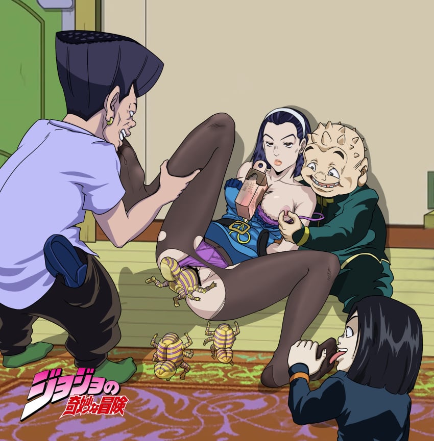 1girls 3boys arms_behind_back bare_shoulders between_breasts bra breasts bruh_moment censored clothed_rape clothing_aside diamond_is_unbreakable expressionless gangrape groin group_sex harvest_(jjba) hazamada_toshikazu indoors jifeng_ba_zhe jojo's_bizarre_adventure large_breasts legs licking licking_foot lying male medium_breasts milf nipple_tweak nipples one_breast_out open_mouth panties panties_aside pantyhose purple_hair pussy rape red_eyes shigekiyo_yangu short_hair spread_legs stand_(jjba) standing stormtrooper_(kingofwindd) tamami_kobayashi thighs tomoko_higashikata torn_clothes torn_pantyhose ugly_bastard underwear vaginal_penetration