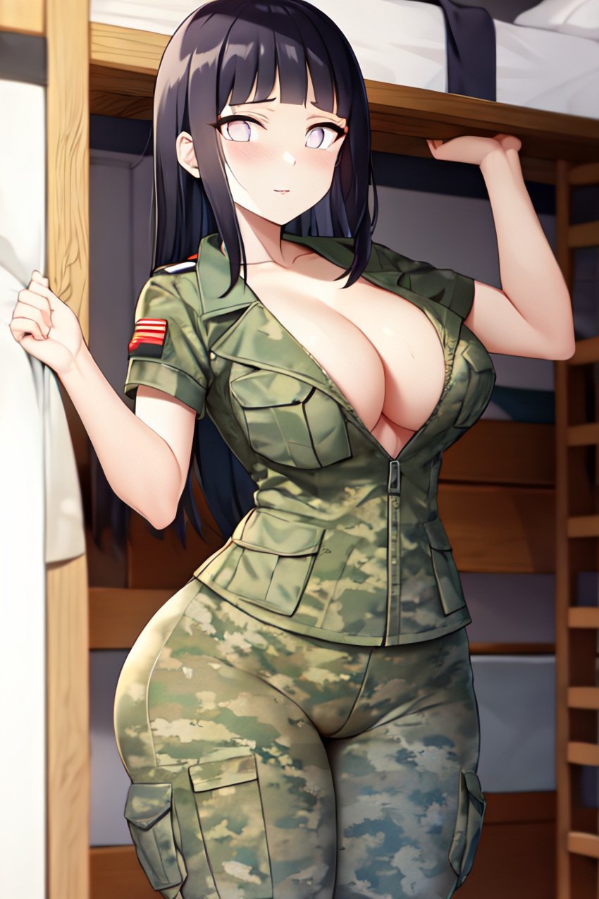 1girls ai_generated barracks barracks_bunny black_hair bunk_bed cleavage female hi_res highres hyuuga_hinata long_hair military_uniform naruto naruto_shippuden pixai shy white_eyes