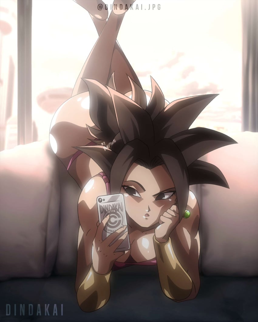 ass_up base_form_kefla bending_forward blurry_background bracelet bracelets cleavage couch dindakai dragon_ball dragon_ball_super earring female_only female_saiyan kefla legs_up penthouse selfie spiky_hair