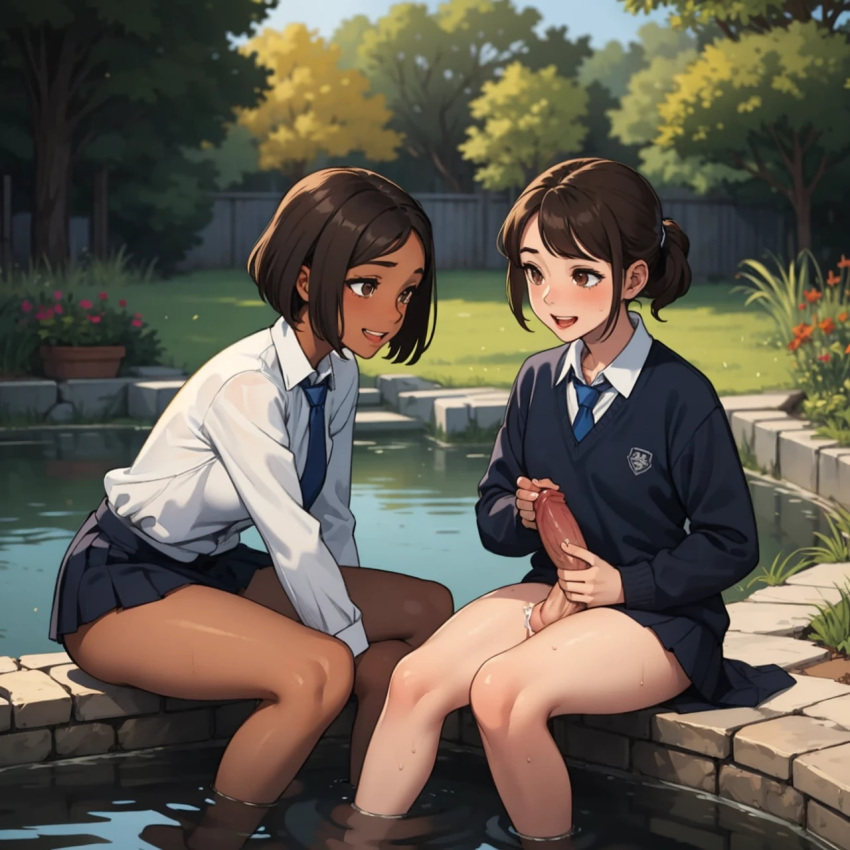 2futas ai_generated blue_tie brown_eyes brown_hair camilla_marx chocolate_and_vanilla dark-skinned_futanari enjuuji feet_in_water fence flower_pot futanari grass green_grass light-skinned_futanari looking_at_partner looking_each_other plant_pot school_uniform skirt stephanie_caxton tree water