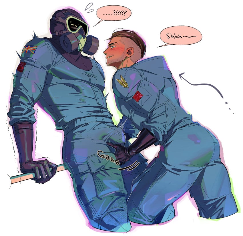 2boys abs bara biceps blush bulge facial_hair gay hairy hamzraider hi_res highres huge_bulge jumpsuit male male/male male_focus male_only muscular muscular_male mute_(rainbow_six) penis_outline rainbow_six rainbow_six_siege smoke_(rainbow_six) solo solo_male tom_clancy ubisoft