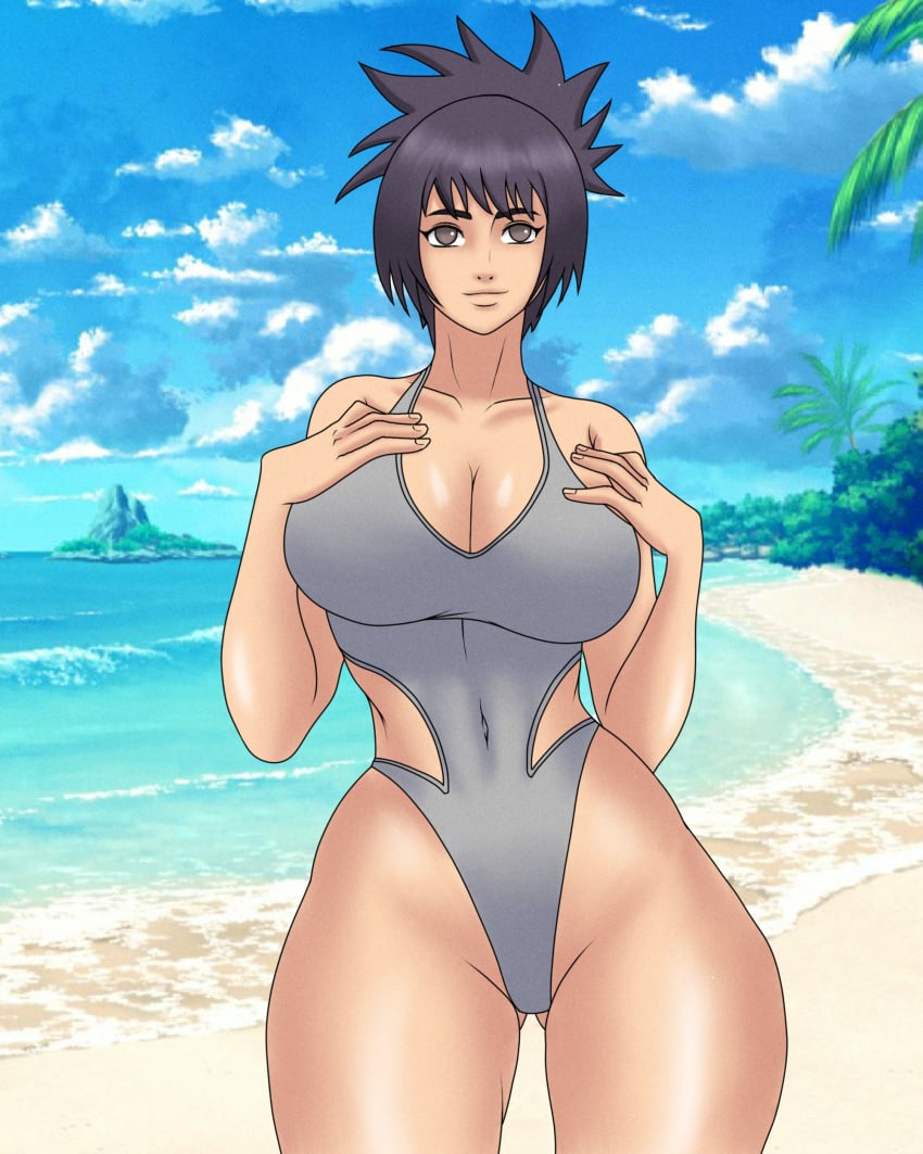 1girls alternate_breast_size arm_behind_head arm_up beach blush brown_eyes busty center_opening child_bearing_hips curvaceous curvy curvy_figure hourglass_figure light-skinned_female light_skin long_hair looking_at_viewer mitarashi_anko naruto naruto_(series) naruto_shippuden one-piece_swimsuit oppai outdoors pinup ponytail purple_hair revealing_swimsuit seaside smile solo solo_focus sutokatsu swimsuit thick_thighs tied_hair voluptuous voluptuous_female