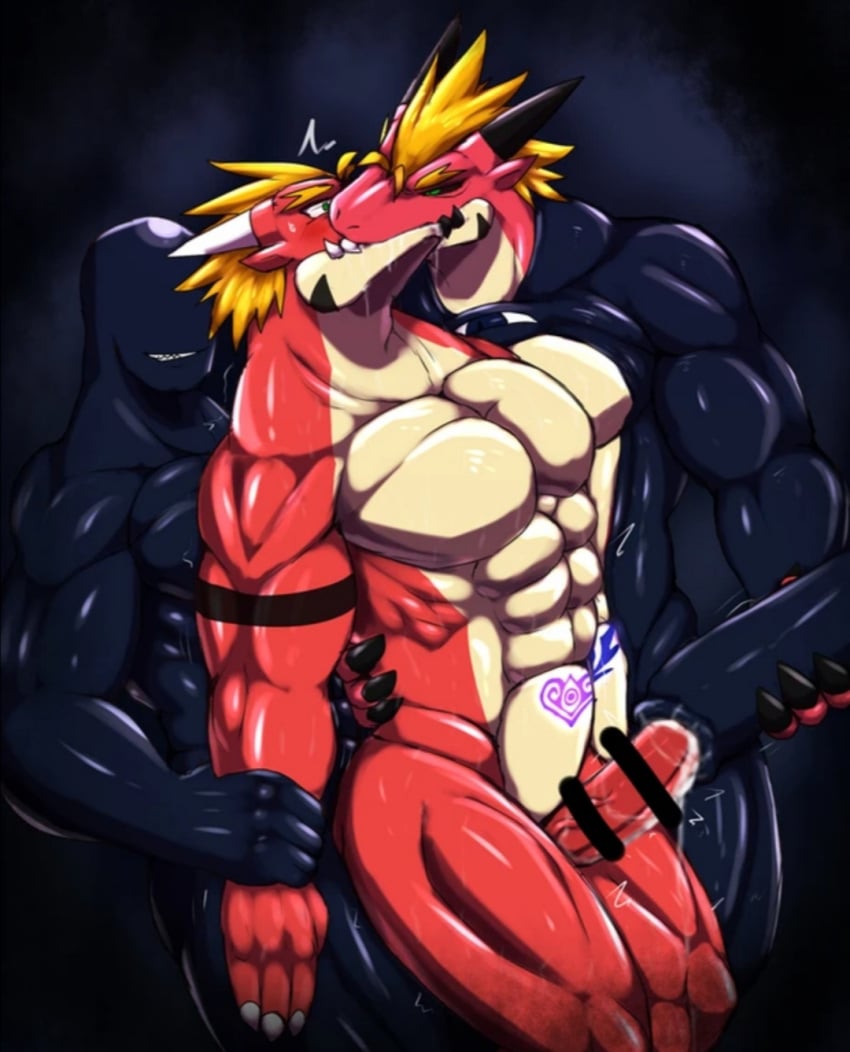 delga dragon furry goo_suit hi_res kissing kuromaru_(mugen) m.u.g.e.n male pubic_tattoo ryuukikeito