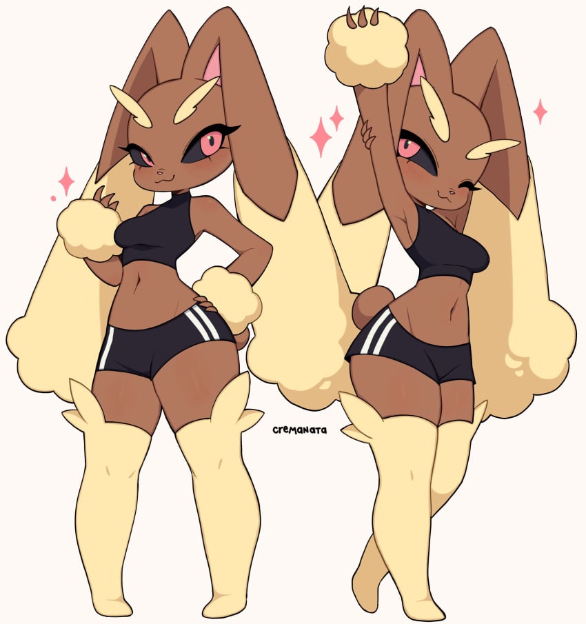 1girls athletic athletic_female breasts clothed clothed_female cremanata crop_top female female_only hotpants jpeg lopunny medium_breasts pokemon pokemon_(species) pose short_shorts shorts signature smile solo solo_female sports_bra sportswear standing wide_hips