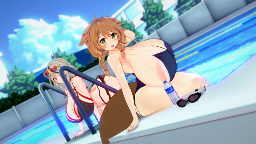 2girls 3d 3d_(artwork) animal_ears animal_tail areolae artist_request bikini crossover gigantic_breasts hololive holox huge_ass huge_breasts koikatsu nijisanji pool poolside sakamata_chloe shortstack sideboob source_request swimsuit virtual_youtuber vtuber warabeda_meiji warabeda_meijii