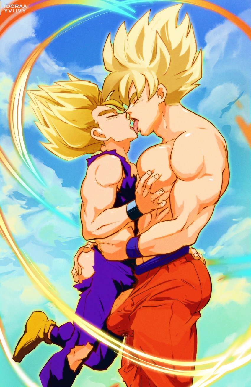 2boys absurdres artist_name bara blue_hair blue_sky brown_footwear bulging_penis closed_eyes cloud dragon_ball dragon_ball_z facing_another father_and_son french_kiss full_body gay grabbing hair_up highres idoraad incest kissing lilprincyvi long_hair male_focus multiple_boys muscular muscular_male orange_pants pants pectoral_grab pectorals purple_pants purple_tank_top romantic saiyan size_difference sky son_gohan son_goku super_saiyan tank_top topless_male yaoi