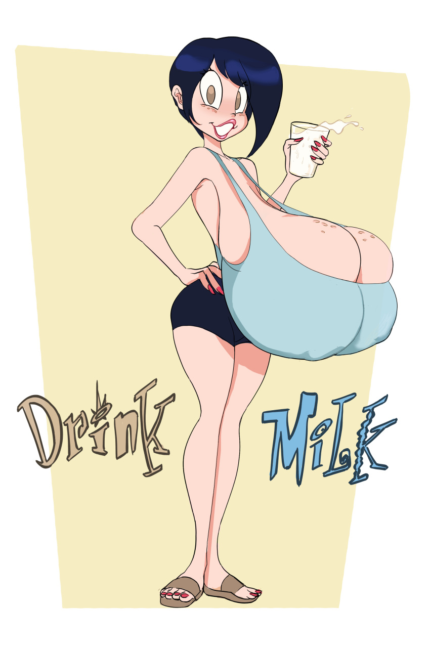 1girl 1girls anonymous_artist black_hair booty_shorts breast_expansion breast_freckles cleavage cleavage_overflow clothed clothed_female dark_blue_hair drink drink_milk enormous_breasts female flip_flops footwear freckles freckles_on_breasts full_body gigantic_breasts glass_of_milk go!_go!_hypergrind got_milk hand_on_hip happy heavy_breasts hi_res huge_breasts hyper_breasts implied_breast_expansion looking_at_viewer milk milk_glass nipples_bulge pendulous_g pink_nails pink_toenails red_toenails sagging_breasts sandals short_hair simple_background smiling solo spumco tank_top text top_heavy top_heavy_breasts white_skin