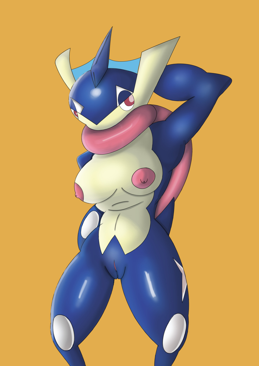 absurd_res amphibian anthro big_breasts breasts female frog game_console genitals greninja hands_behind_back hi_res itzimiau long_tongue looking_at_viewer nintendo nintendo_switch nipples nude pokemon pokemon_(species) short_tail simple_background solo standing tail thick_thighs tongue tongue_out water