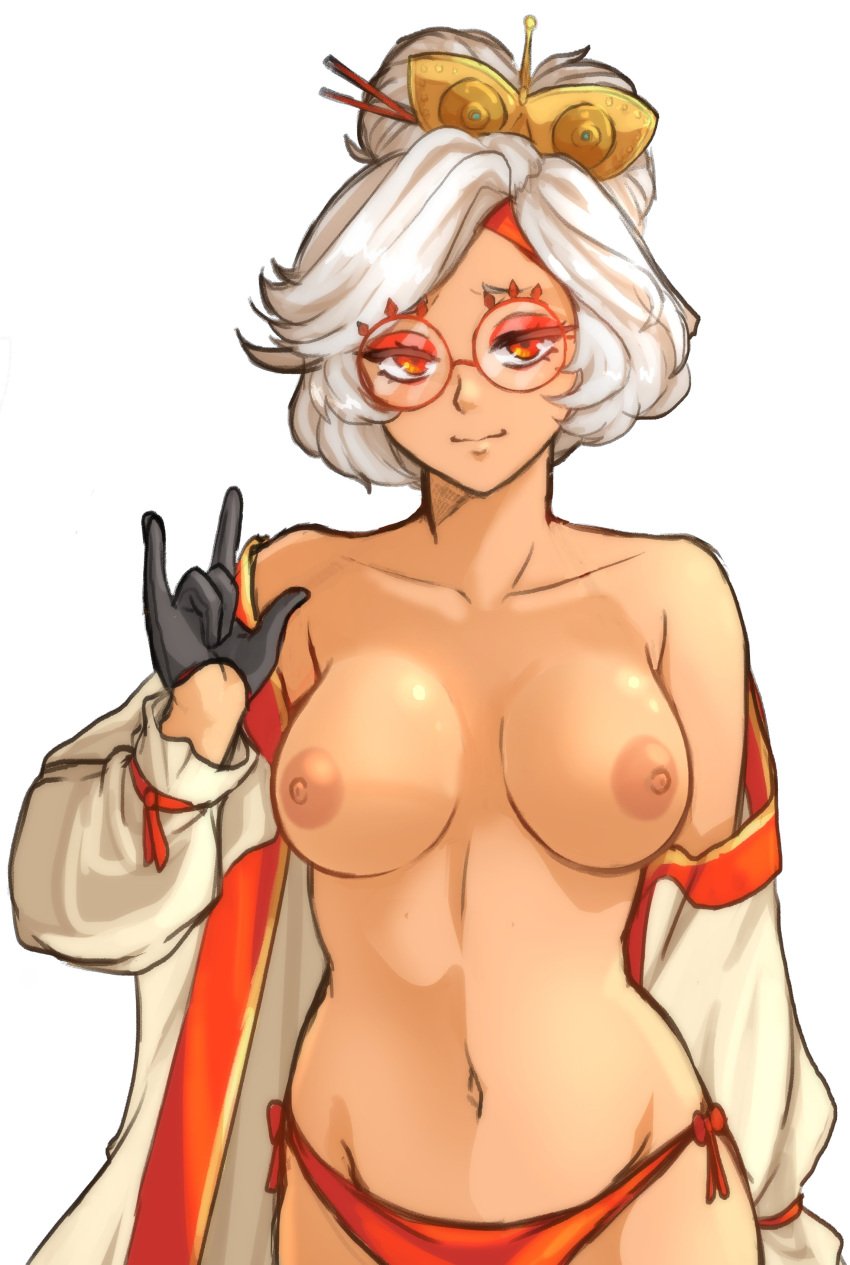 breasts dark-skinned_female dark_skin exposed_breasts female female_only glasses nintendo nipples partially_clothed purah purah_(tears_of_the_kingdom) short_hair solo tears_of_the_kingdom the_legend_of_zelda tridisart white_hair