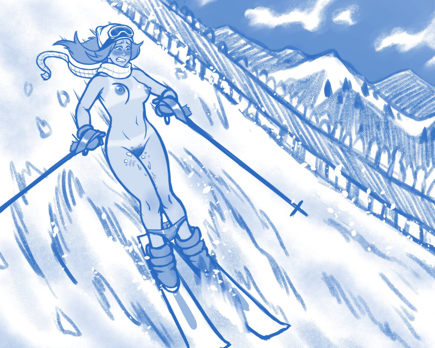 blush blushing boobs breasts exhibitionism exhibitionist goggles goggles_on_head misfitrogue242 monochrome mountain naked naked_female nipples nude nude_female panties panties_around_legs panties_down pubic_hair pussy scarf skiing slope tits