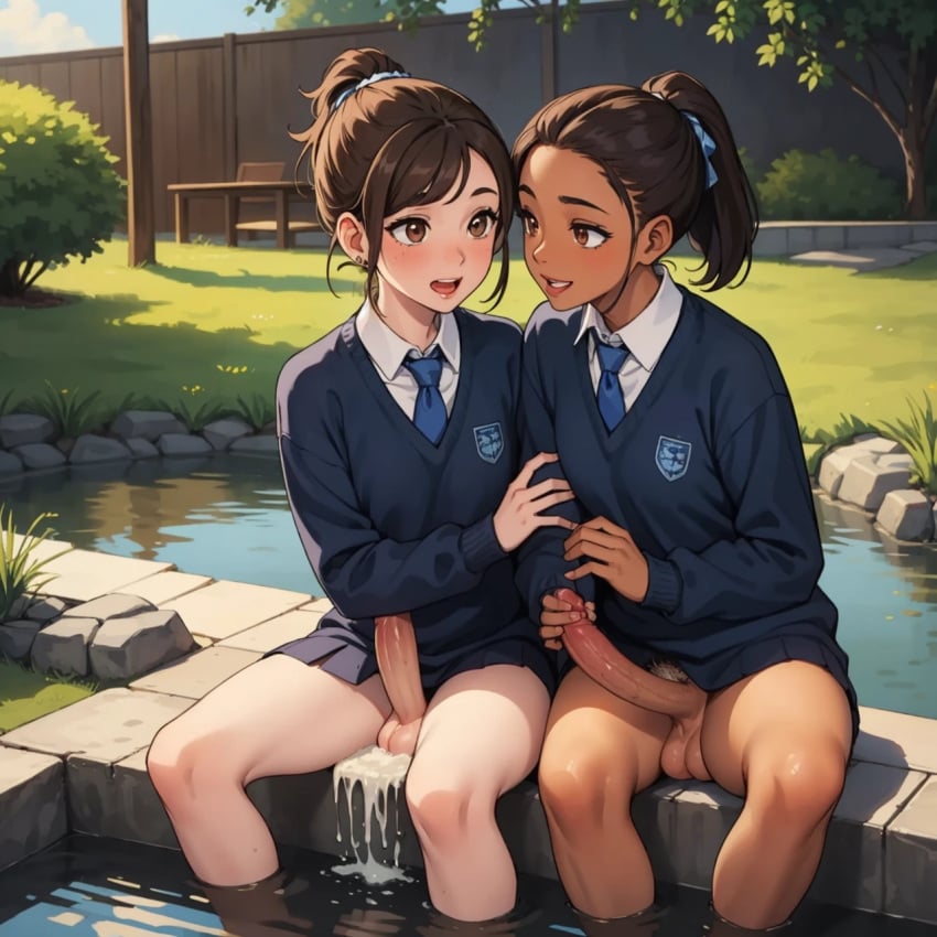 2futas ai_generated alternate_hairstyle blue_tie brown_eyes brown_hair camilla_marx chocolate_and_vanilla cum cum_drip cum_on_water dark-skinned_futanari dark_skin enjuuji feet_in_water fence flower_pot futa_only futanari grass green_grass holding_arm interracial light-skinned_futanari looking_at_partner looking_each_other plant_pot school_uniform skirt stephanie_caxton tied_hair tree water