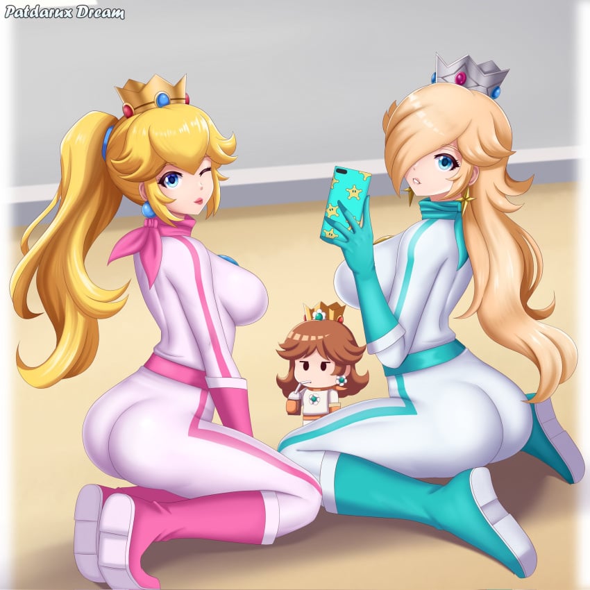 2_bodysuits 3girls ass big_breasts bodysuit breasts chibi clothing duo_focus eyes female female_focus female_only fully_clothed kneeling long_hair mario_(series) mario_kart mouth multiple_girls nintendo patdarux ponytail princess_daisy princess_peach princess_rosalina sideboob smartphone tagme thick_thighs tied_hair wariza wink