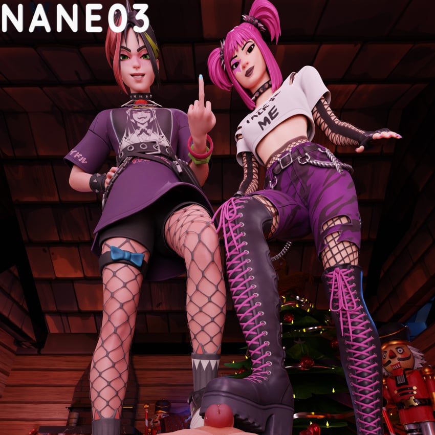 2girls 2girls1boy 3d bootjob boots drop_dee_(fortnite) femdom footjob fortnite helsie_(fortnite) nane03 pov punk punk_girl shoejob stepped_on submissive_male trample trampling