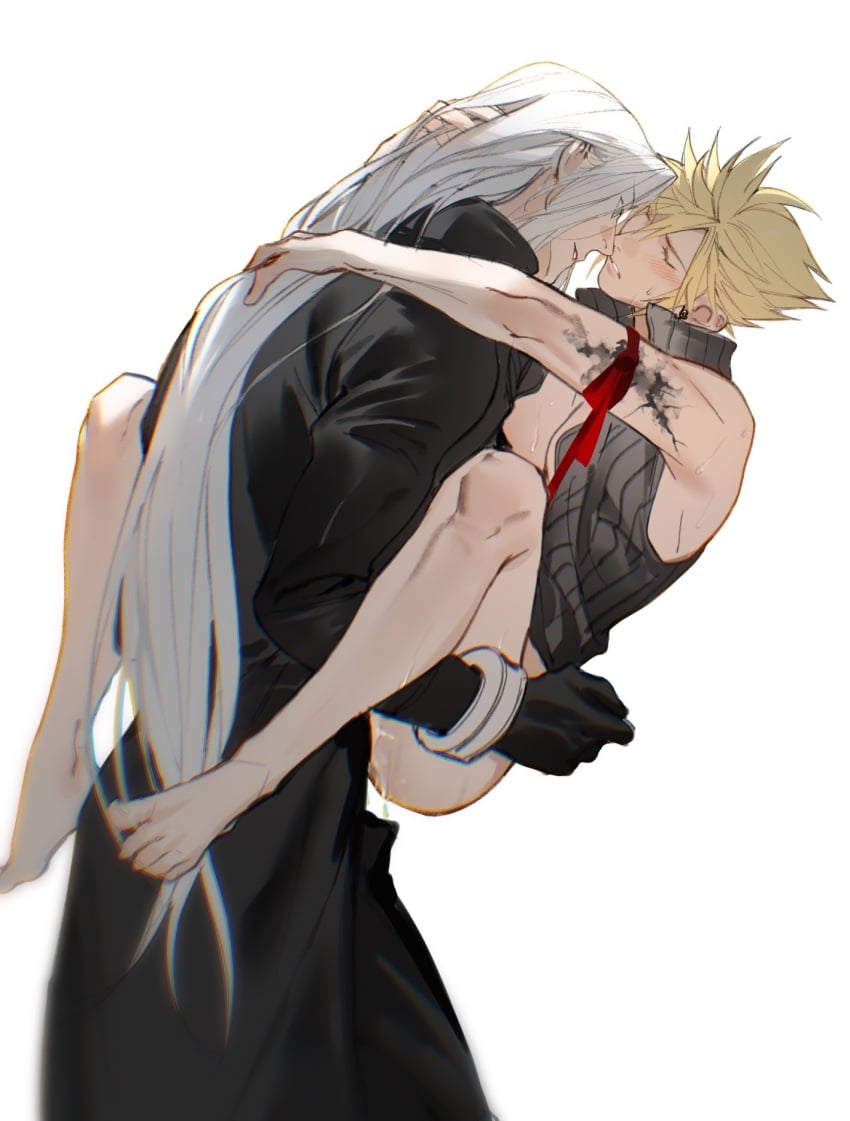 2boys anal arm_ribbon bare_legs barefoot black_coat black_gloves black_vest blonde_hair blush bracer clothed_sex cloud_strife coat cum cum_in_ass earrings feet final_fantasy final_fantasy_vii final_fantasy_vii_advent_children gloves grey_hair high_collar highres imminent_kiss injury jewelry knees_up legs lifting_person long_coat long_hair long_sleeves male_focus multiple_boys open_clothes open_vest red_ribbon ribbon sephiroth short_hair single_earring sleeveless sleeveless_turtleneck sweat toenails toes turtleneck vest xianyu341 yaoi