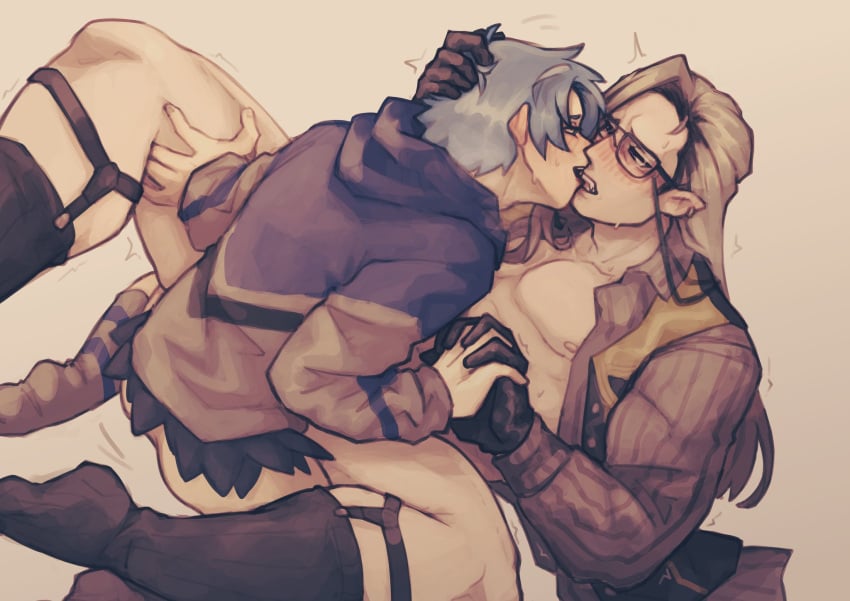 2boys bara blue_hair blush clothed elf_ears gay glasses grabbing_hair grabbing_thigh grandsopor gray_hair grey_hair hand_holding holding_thigh holostars holostars_english holostars_english_-tempus- long_hair looking_at_partner loose_clothes male/male male_only male_penetrating_male noir_vesper regis_altare short_hair tagme unseen_penetration virtual_youtuber yaoi