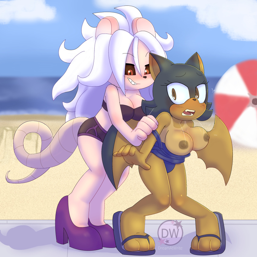 2022 2girls altalternate_version_available alternate_version_at_source android_21 bat beach bikini black_hair black_sclera blush bra breasts breasts_out brown_eyes brown_fur brown_nipples commission embarrassed fan_character female female_only flip_flops heels long_hair luciddemon majin majin_android_21 nipples panties pink_fur pink_skin red_eyes sandals sonic_(series) sonic_oc sonic_the_hedgehog_(series) tail white_hair