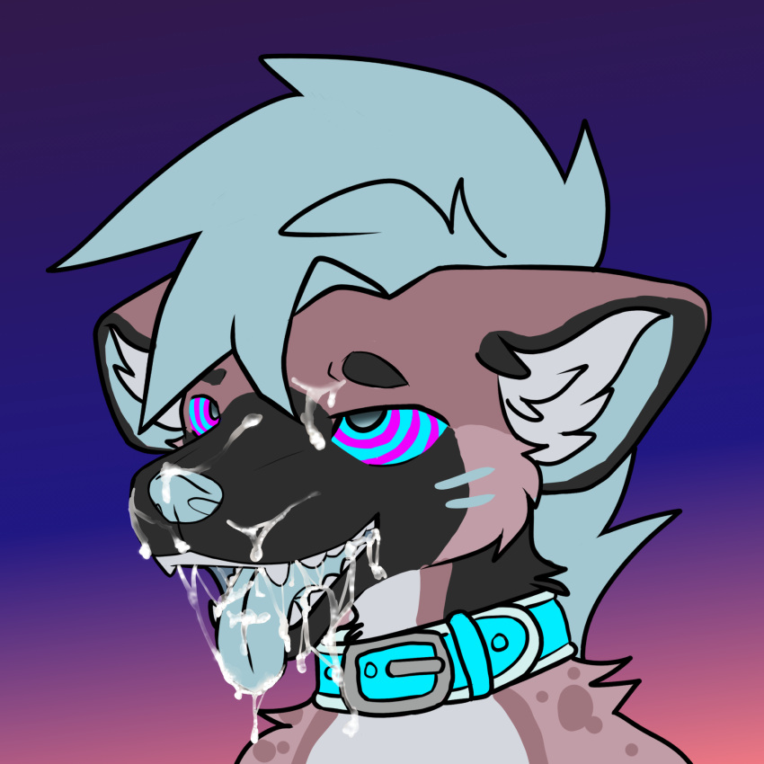 after_oral akito(4kariii) ambiguous_gender anthro ariluo blue_collar blue_hair blue_nose bodily_fluids collar cum cum_drip cum_drool cum_inside cum_on_face cum_on_muzzle dazed dripping genital_fluids hair headshot_portrait hi_res hyena hypnosis hypnotic_eyes looking_away looking_pleasured mammal mind_control open_mouth portrait simple_background solo solo_focus teeth tongue tongue_out