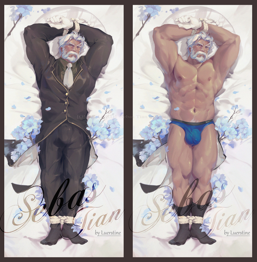 1boy 1male abs bara beard biceps bulge clothing facial_hair gay hairy hi_res highres huge_bulge luerstine male male_focus male_only male_pubic_hair muscular muscular_male nipples no_visible_genitalia overlord_(maruyama) penis_outline sebas_tian_(overlord) solo solo_male underwear