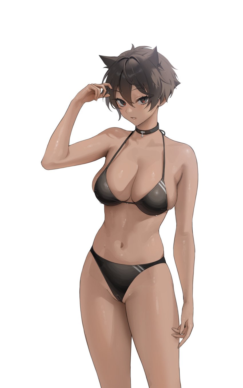 1girls bare_arms bare_shoulders bikini black_bikini black_choker black_hair breasts cameltoe choker cleavage dark-skinned_female dark_skin female female_only hair_between_eyes hair_ears highres large_breasts looking_at_viewer micchan_(ohisashiburi) navel ohisashiburi original original_character red_eyes short_hair sideways_glance simple_background skindentation standing string_bikini summer swimsuit tomboy tsurime wet_skin white_background