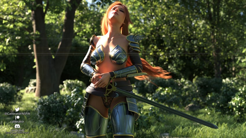 1girls 3d aribeth_de_tylmarande armor artist_name calibrator dungeons_and_dragons elf elf_female fanart forest forgotten_realms half-elf long_hair nature neverwinter_nights panties pinup red_hair skimpy_armor standing sword