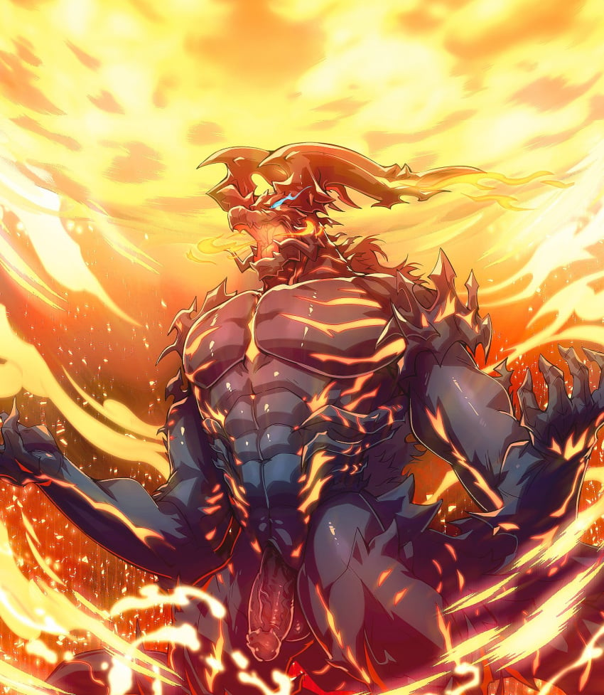 abs anthro balls biceps claws demon digital_media_(artwork) eikon elemental_creature elemental_manipulation erection final_fantasy final_fantasy_xvi fire fire_creature fire_manipulation flame_markings genitals glowing glowing_eyes hi_res horn ifrit_(final_fantasy) kumammoto_(artist) lava lava_creature male male_only markings mineral_fauna muscular muscular_anthro muscular_male muscular_thighs nude open_mouth pecs penis pupils scalie serratus slit slit_pupils solo spikes square_enix tail tongue triceps veiny_penis