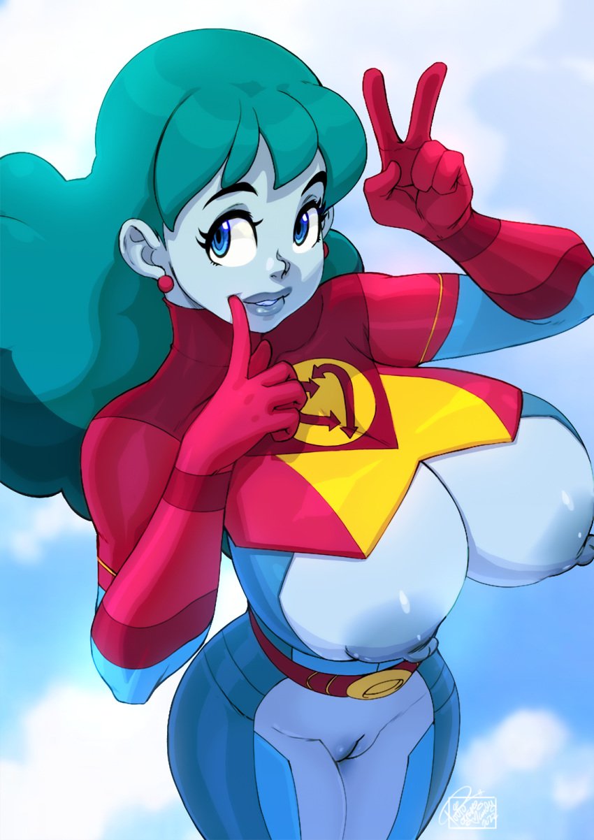 1girls 2022 areolae blue_eyes bodysuit breast_cutout breasts breasts_out clothing earrings female female_only gloves green_hair long_hair nipples planetina pussy red_gloves rick_and_morty sky smile solo superheroine tovio_rogers v