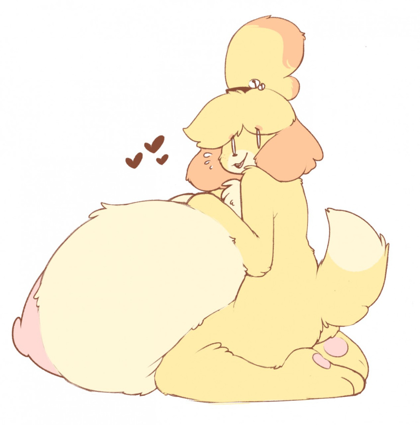 animal_crossing breasts breasts_bigger_than_head caeleste canine feet female female_focus female_only fluff fluffy_tail furry heart huge_breasts isabelle_(animal_crossing) nintendo nipples pink_nipples ponytail simple_background yellow_fur