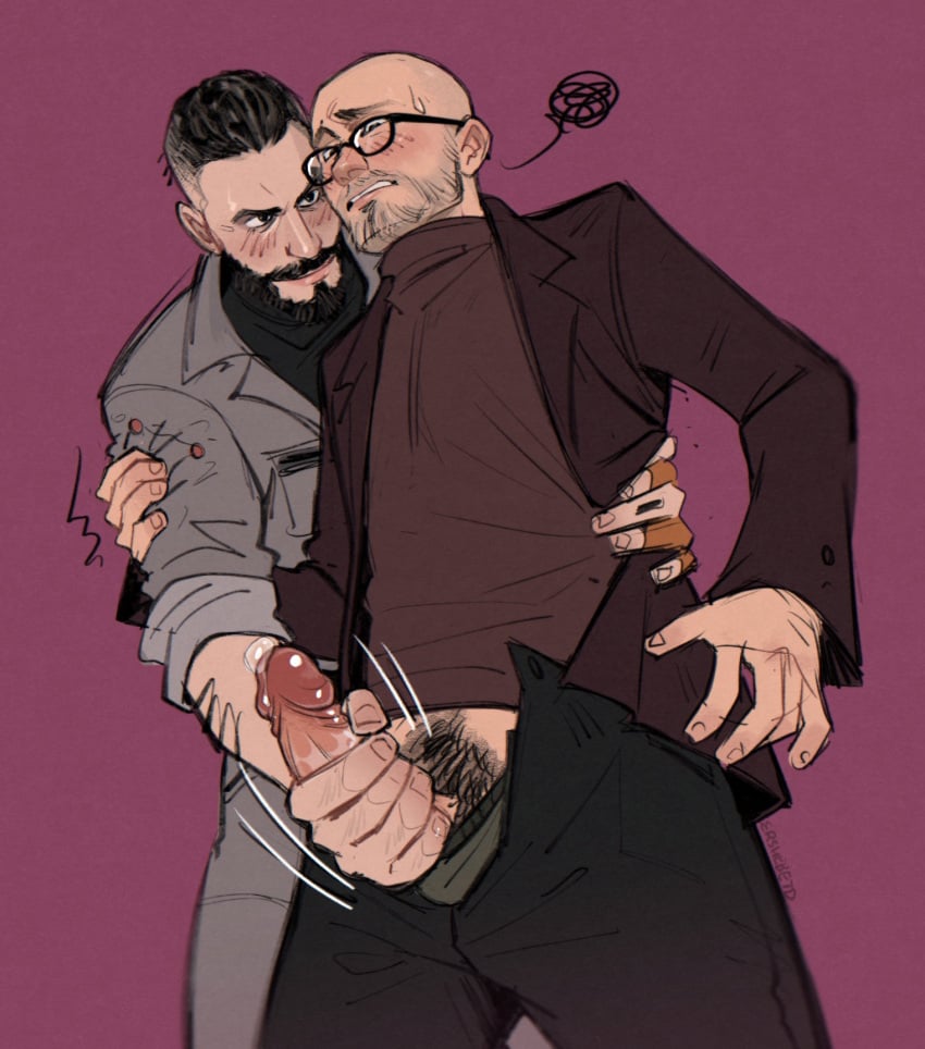 2boys abs agent_p-3 atomic_heart bara beard biceps blush chariton_zakharov clothing duo facial_hair gay hairy handjob hi_res highres male male/male male_focus male_only male_pubic_hair muscular muscular_male penis precum precum_drip tagme