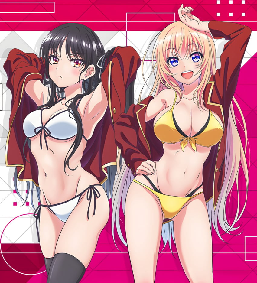 2girls arm_up armpits arms_behind_head belly_button big_breasts bikini black_hair black_leggings blonde_hair blue_eyes breasts busty classroom_of_the_elite female female_only front-tie_top hand_on_hip highres horikita_suzune ichinose_honami_(cote) large_breasts legs long_hair looking_at_viewer model_pose multiple_girls navel official_art open_clothes open_mouth pose posing red_blazer schoolgirls sensual sexy_armpits smile stomach swimsuit thighs voluptuous yellow_bikini youkoso_jitsuryoku_shijou_shugi_no_kyoushitsu_e