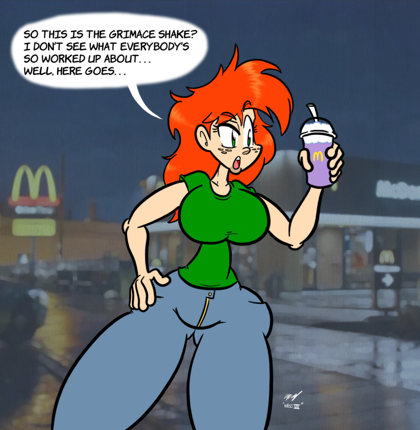 1girls freckles green_eyes grimace_birthday_shake grimace_shake jeans mcdonald's nessvii original_character red_hair