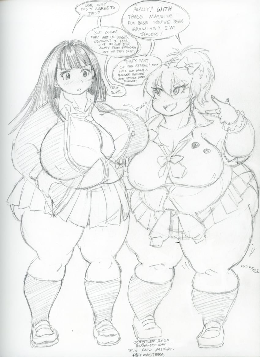 2girls aged_up big_breasts chet_rippo chubby chubby_female huge_breasts huge_thighs idolmaster idolmaster_cinderella_girls jougasaki_mika shibuya_rin speech_bubble thick_thighs