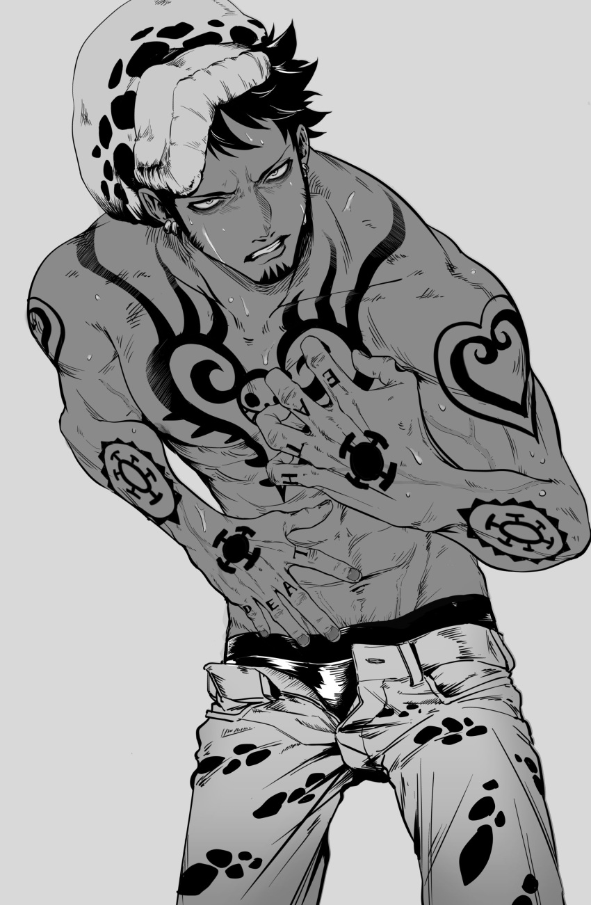 bags_under_eyes chest_tattoo clenched_teeth facial_hair goatee gokujounomaguro hat headwear long_sideburns male male_only monochrome muscular muscular_male one_piece open_pants pants_down sideburns solo sweat tan_skin tattoo tattooed_arm tattoos topless topless_male trafalgar_law