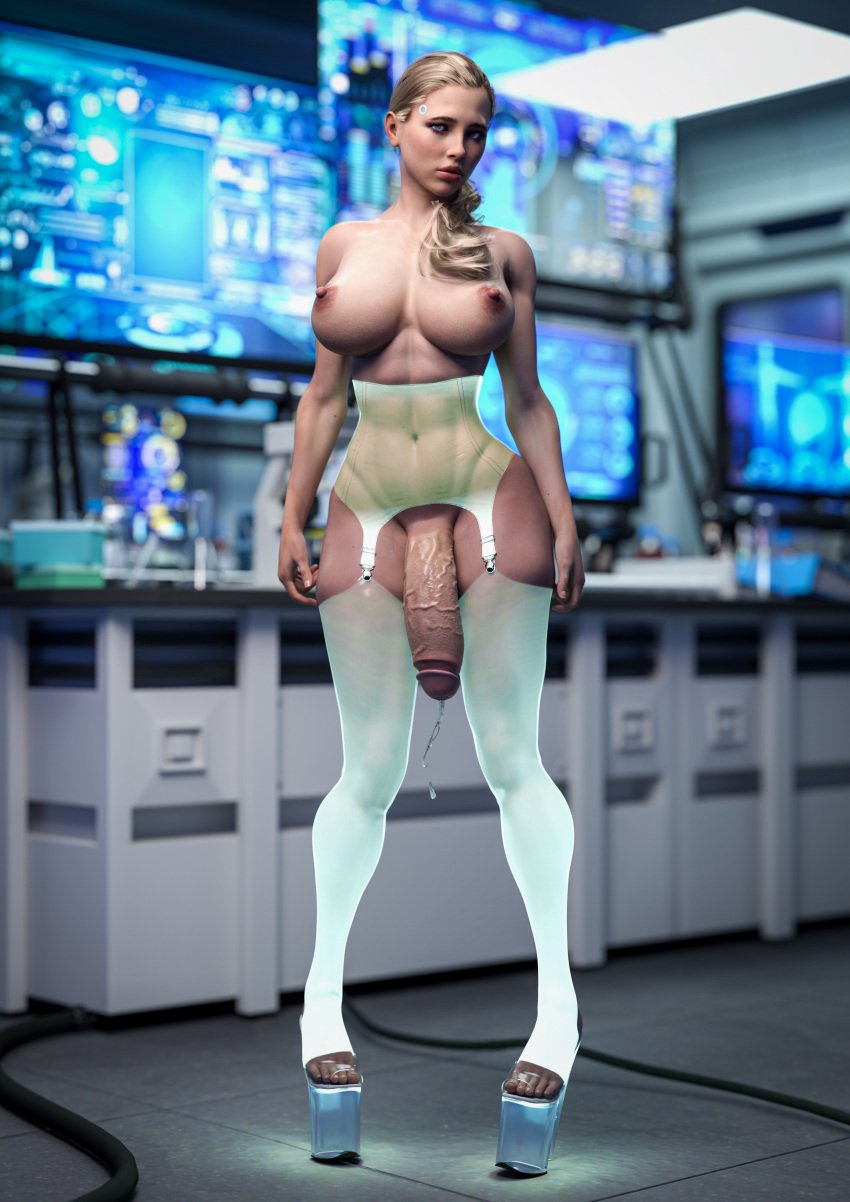 1futa 3d abs blonde_hair blurry_background chloe_(detroit:_become_human) detroit:_become_human futa_only futanari glowing_clothes glowing_heels high_heels large_breasts large_penis leaking leaking_cum looking_at_viewer pigeon-toed platform_heels presenting_penis solo standing stockings thejaderabbit translucent_latex