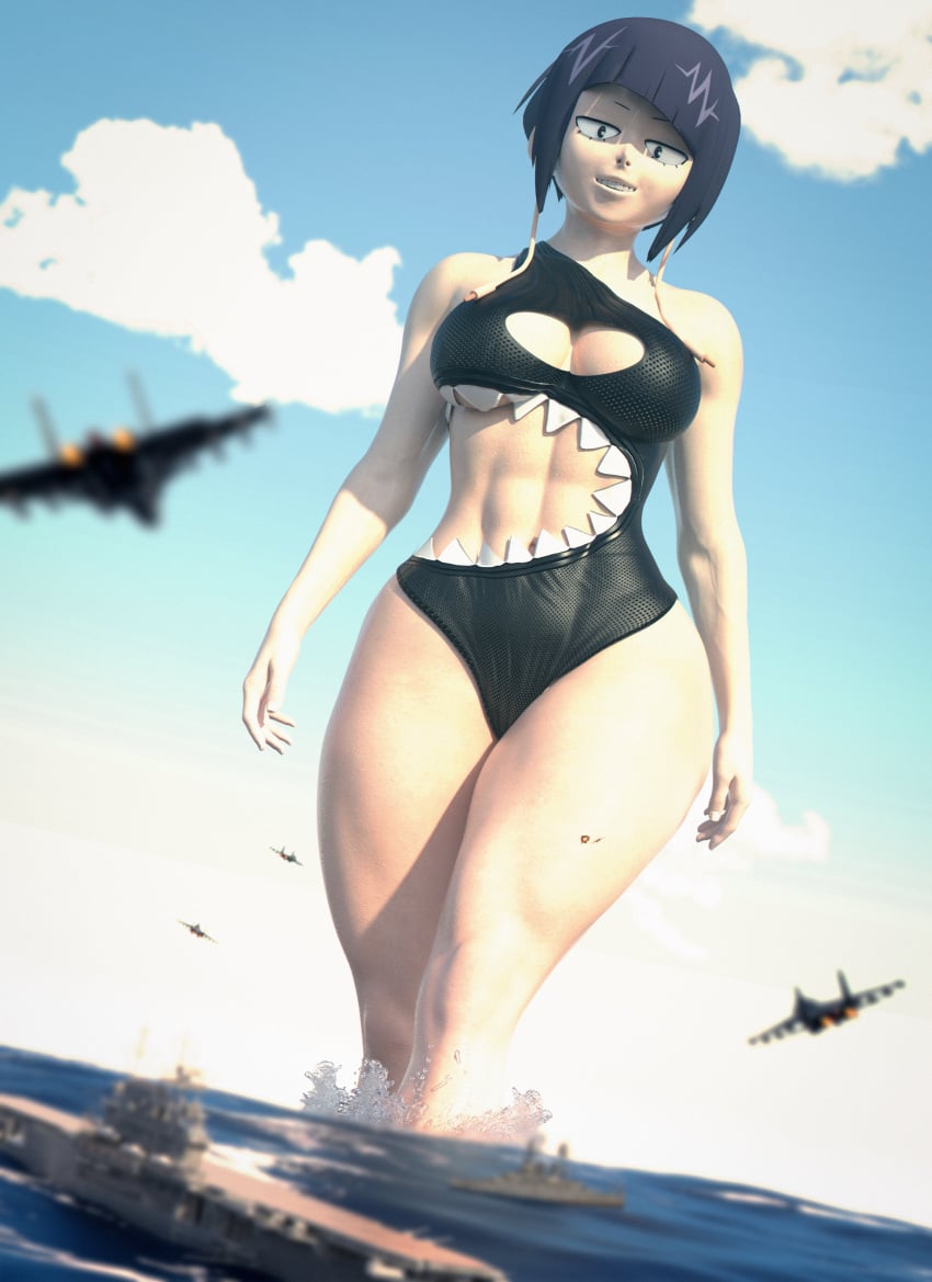 aircraft_carrier battleship cleavage_cutout destruction giantess jet jirou_kyouka kamicamie kyoka_jiro macro muscular_female my_hero_academia ocean one_piece_swimsuit sculpted_abs shark_mouth_swimsuit short_hair smirk smug thick_thighs walking