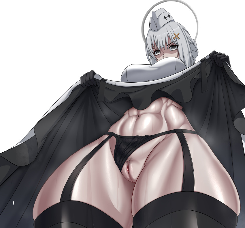 1girls abs belly breasts close-up dress dress_lift female female_focus female_only garter_belt garter_straps grey_eyes hat highres large_breasts liv_(punishing:_gray_raven) long_hair looking_down muscular muscular_female pale-skinned_female pale_skin panties panties_aside punishing:_gray_raven pussy rikka robot robot_girl solo standing steam steaming_body stockings sweat thick_thighs tied_hair uncensored white_hair