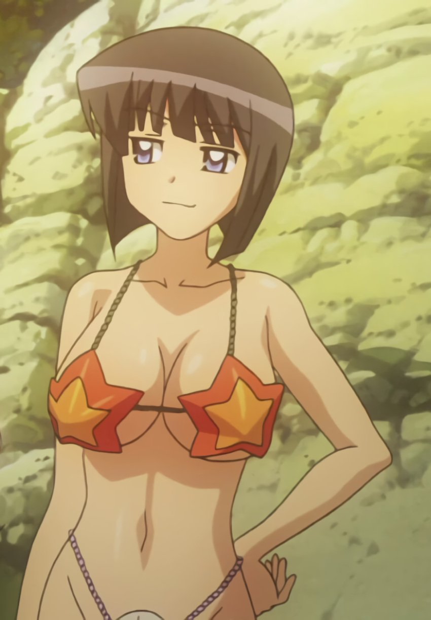 1girls accurate_art_style big_breasts bikini black_hair blue_eyes busty cleavage confident hand_on_hip hi_res large_breasts navel pose posing screencap sensual shell shell_bikini short_hair siesta smile voluptuous zero_no_tsukaima