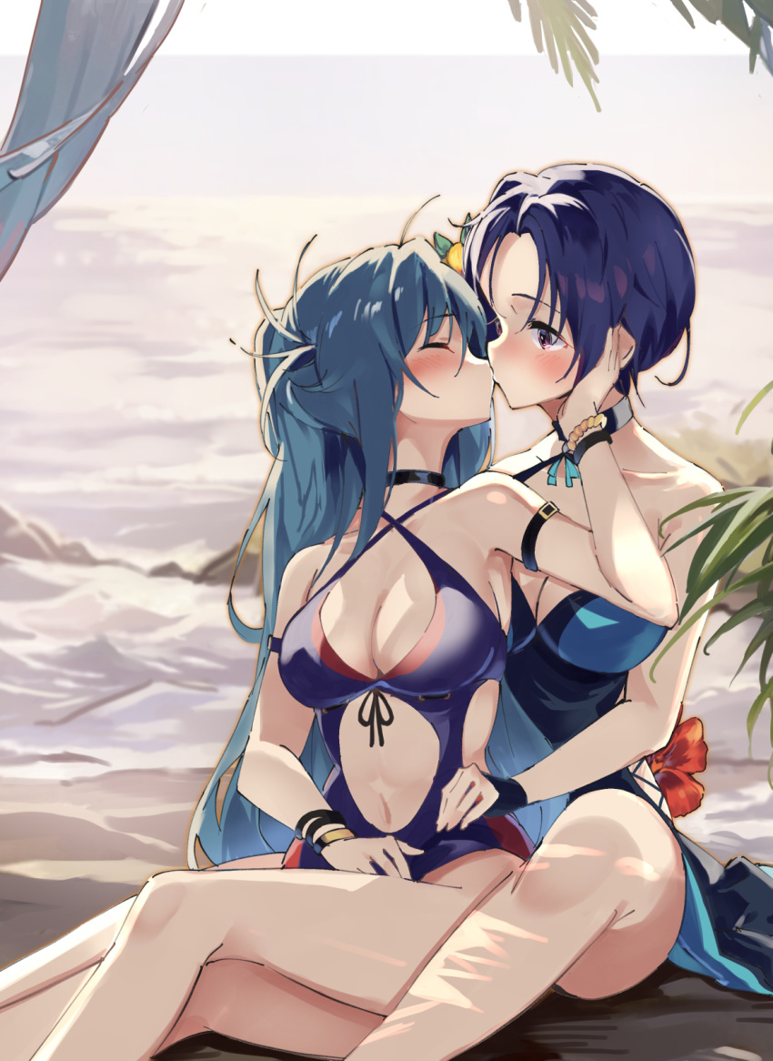 2girls alternate_costume bare_arms bare_shoulders black_one-piece_swimsuit black_swimsuit blue_hair blue_one-piece_swimsuit blue_swimsuit blush breasts casual_one-piece_swimsuit cleavage closed_eyes clothing_cutout commentary_request criss-cross_halter feet_out_of_frame female female_only fire_emblem fire_emblem:_three_houses fire_emblem_heroes flower forehead halterneck hand_up highres horizon kissing kurono_kiria lamb_(hitsujiniku) long_hair medium_breasts multiple_girls navel navel_cutout nintendo ocean one-piece_swimsuit parted_bangs purple_eyes red_flower shamir_nevrand shamir_nevrand_(summer) sitting swimsuit tokyo_mirage_sessions_#fe tokyo_mirage_sessions_fe very_long_hair water yuri