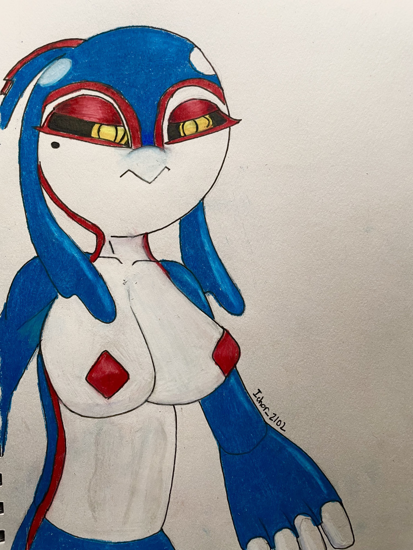 2023 anthro beauty_mark blue_body breasts fins generation_3_pokemon hybrid ichor kyogre large_breasts mawile mawogre nipple_covers oc pokemon pokemon_(species) sketch traditional_media_(artwork) white_body yellow_eyes