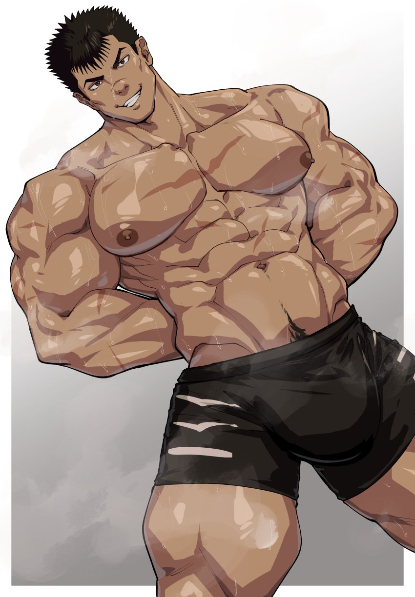 1boy 1male abs bara beefy berserk biceps black_hair brown_eyes bulge facial_scar guts_(berserk) hi_res highres huge_bulge human kimakkun looking_at_viewer male male_nipples male_only male_pubic_hair manly muscles muscular_male no_visible_genitalia pecs penis_bulge scar_on_nose scars shorts smooth_skinned_male solo topless