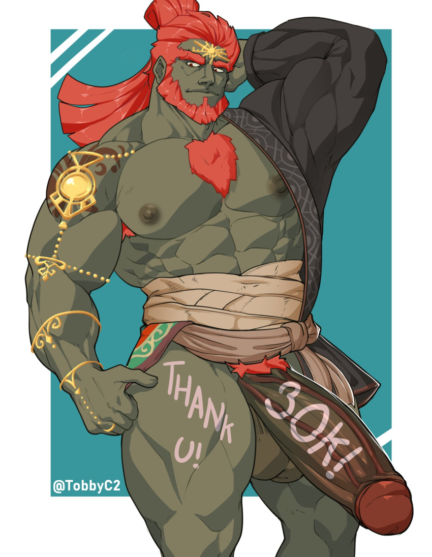 abs armpit_hair balls bara beard big_balls big_muscles big_pecs big_penis boner chest_hair daddy dilf english_text erection ganondorf ganondorf_(tears_of_the_kingdom) gerudo green_skin hair human kimono kimono_open long_hair male male_only mostly_nude muscular muscular_human muscular_male navel nipples pecs penis pubes red_hair sarashi solo tears_of_the_kingdom text the_legend_of_zelda tobbyc2