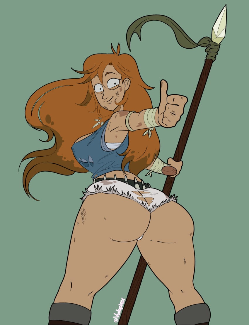 bandaged_arm bandages big_ass big_butt blue_shirt booty_shorts dirty_hair exposed_ass female_only large_ass long_hair looking_at_viewer looking_back looking_back_at_viewer messy_hair necklace red_hair redhead rick_and_morty ripped_shirt ripped_shorts spear summer_smith summer_smith_(cronenberg_dimension) thumbs_up torn_clothes torn_shirt torn_shorts vuduplex weapon white_shorts