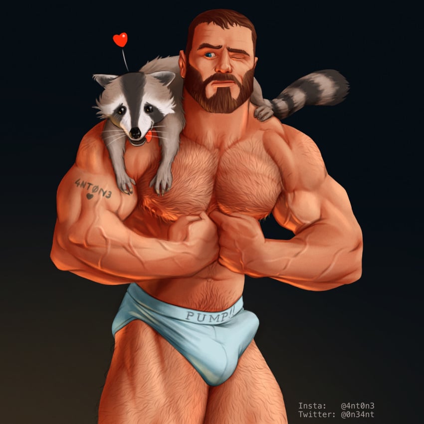 1boy 1male 4nt0n3 abs bara beard biceps bulge facial_hair gay hairy hairy_chest hi_res highres huge_bulge male male_focus male_only male_pubic_hair muscular muscular_male nipples original_character penis_outline raccoon solo solo_male underwear