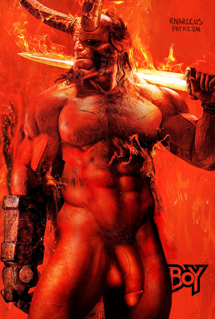 1boy 1male abs balls bara beard biceps big_balls big_penis dark_horse demon facial_hair fire flaccid flaccid_penis gay hairy hairy_chest hellboy hellboy_(series) hi_res highres horns male male_focus male_only male_pubic_hair muscular muscular_male nipples nude penis red_body red_skin solo solo_male vein veiny_penis