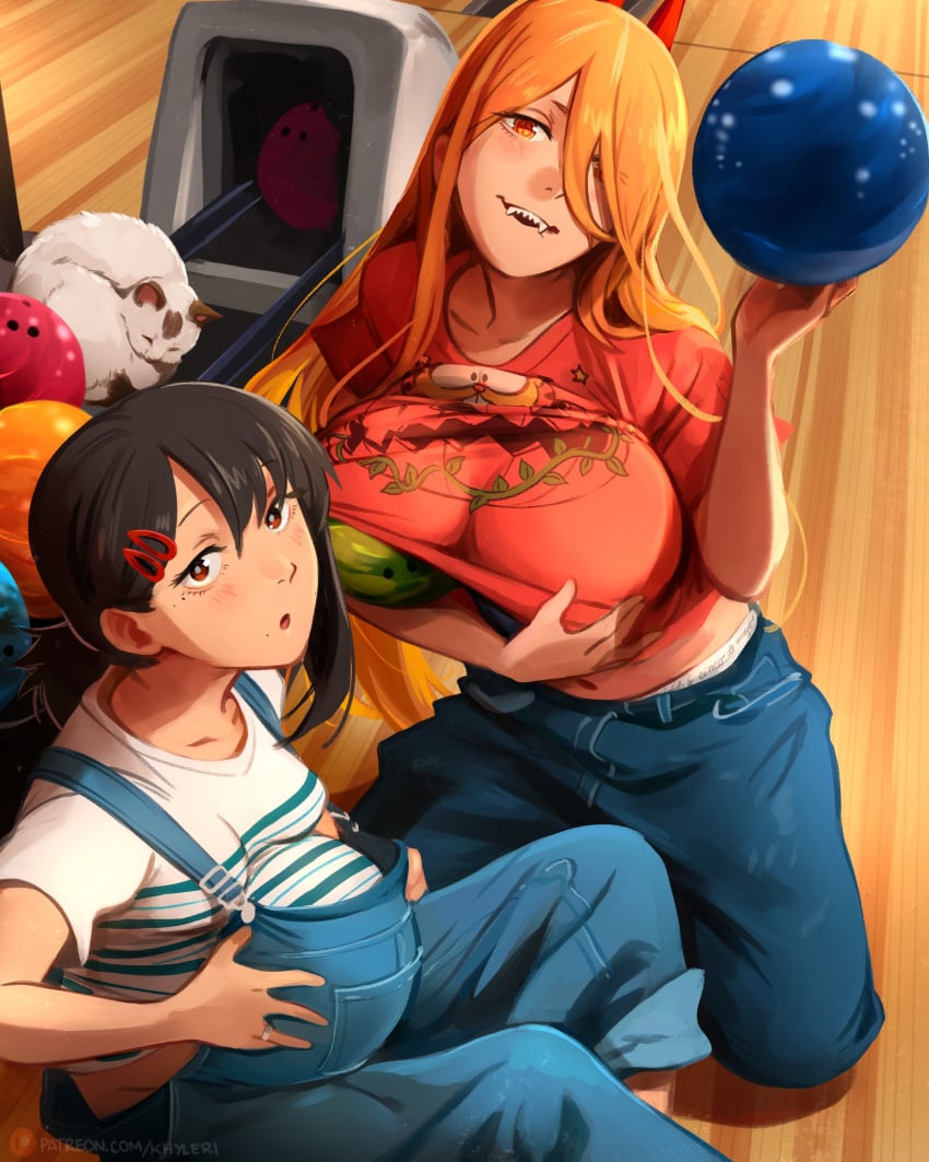 2girls belly big_belly black_hair blonde_hair bowling_ball breasts cat chainsaw_man clothing female_only funny garfield_(series) garfield_shirt garfield_the_cat hi_res higashiyama_kobeni horn huge_breasts khyleri looking_at_viewer looking_back mappa meowy_(chainsaw_man) pants power_(chainsaw_man) pregnant sharp_teeth shirt shirt_lift sleeping suspenders