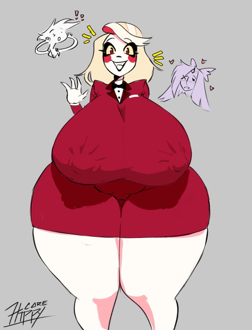 angel_dust_(hazbin_hotel) big_ass big_breasts breasts_bigger_than_head charlie_morningstar_(hazbin_hotel) clothed demon hazbin_hotel hippycore huge_breasts huge_thighs large_breasts nipples_visible_through_clothing thick_thighs vaggie_(hazbin_hotel) wide_hips yuri