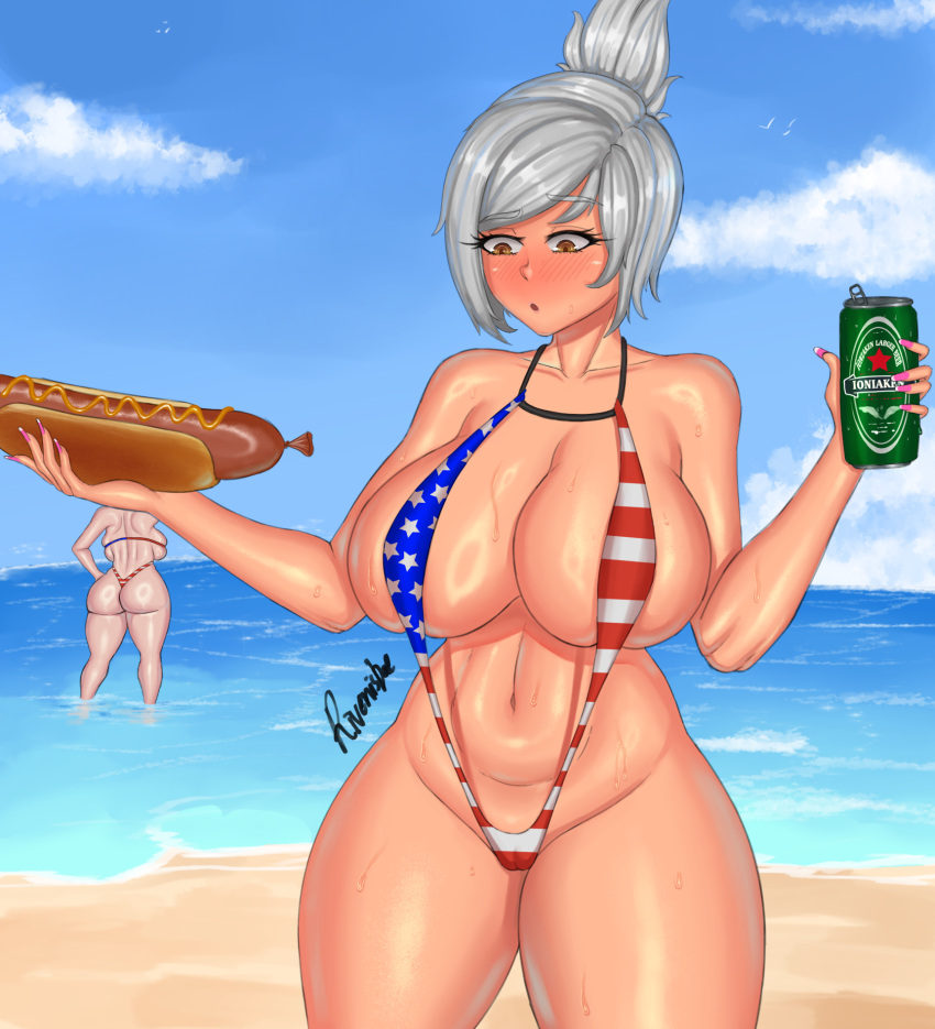 2girls 4th_of_july background background_character beach beer big_ass bikini bikini_day blush blush_lines cloud female hands_on_hips holding_object hot_dog huge_ass huge_breasts league_of_legends long_nails multiple_girls nail_polish riven rivenisbae sand shiny_skin sky sling_bikini slingshot_swimsuit sweat thick_thighs wet_body white_hair yellow_eyes