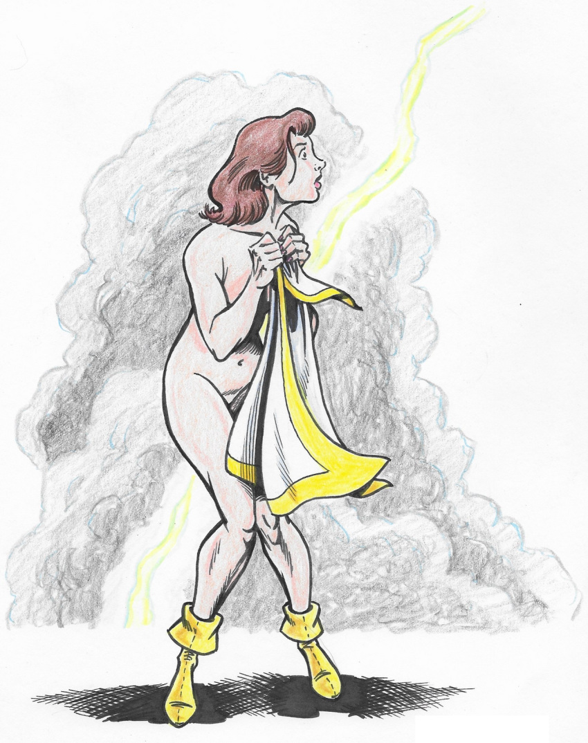 1girls accidental_exposure boots_only brown_hair brunette cape cape_only covering covering_breasts dc dc_comics embarrassed_nude_female enf female female_only fmtfluver human human_only light-skinned_female light_skin lightning mary_marvel nude nude_female only_boots shazam_(series) solo solo_female superheroine tebra yellow_boots